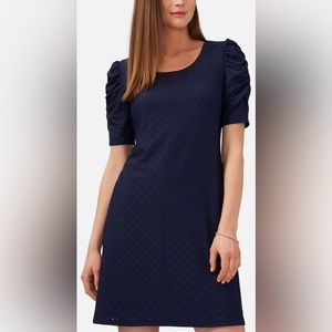 Eyelet Ruched-Sleeve Shift Dress Navy Large